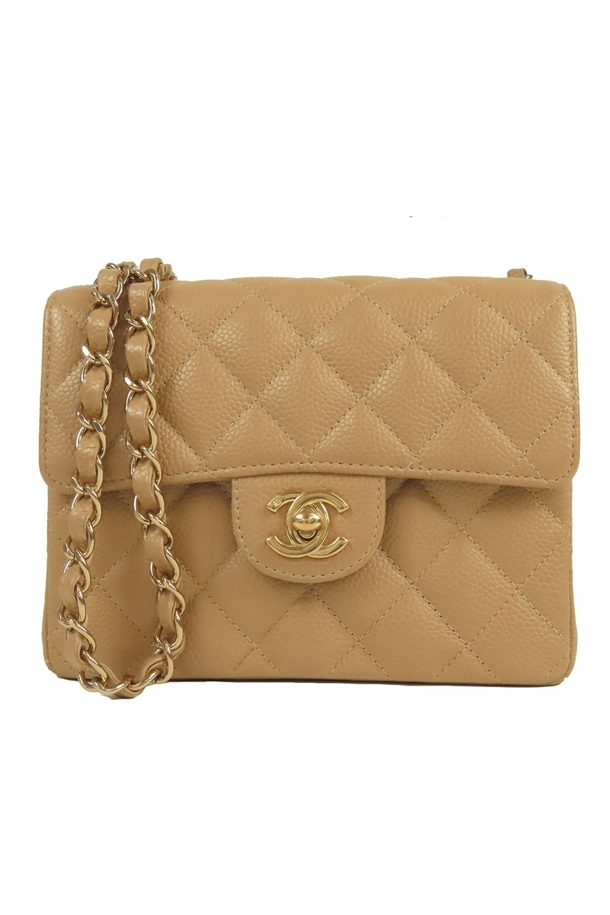 Chanel Single Flap Beige Gold Caviar Leather Chain Shoulder Bag